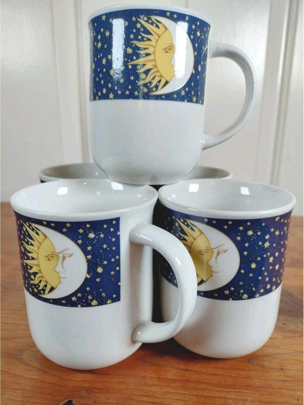 Vtg Oneida Galaxy Sun Moon Stars Stoneware Mugs Set of 5 Celestial Whimsigoth - Picture 5 of 12